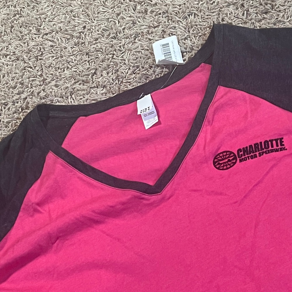 District Charlotte Motor Speedway Raglan V-Neck Long Sleeve Tee Pink Grey XXL